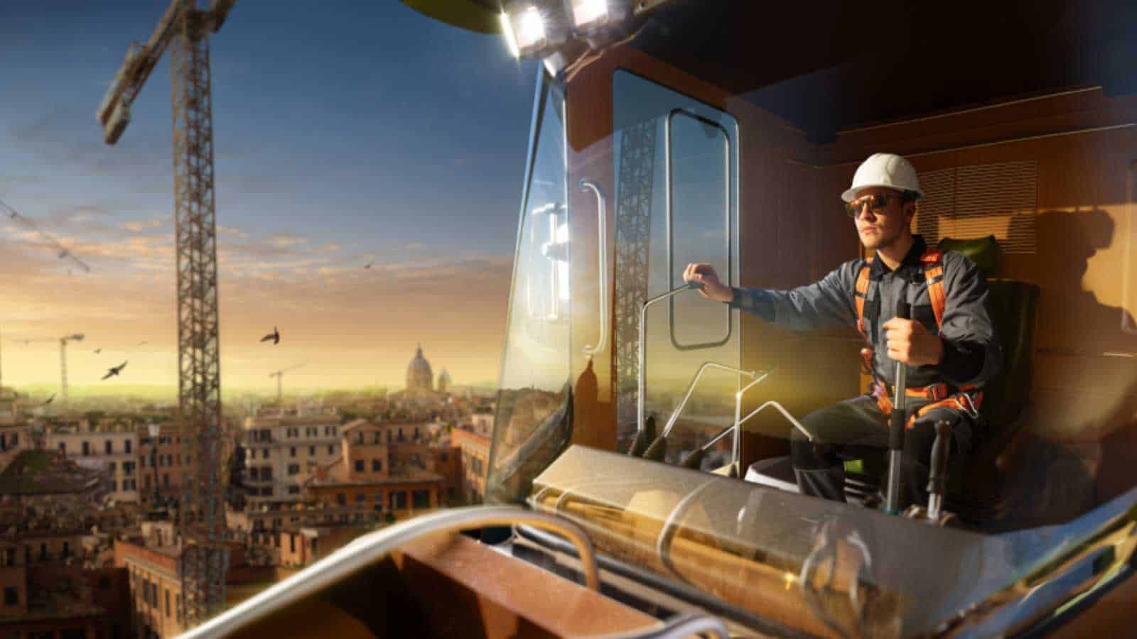 Engineer operator crane in action . He sit a top in crane cabin and working. Around beautiful sunset