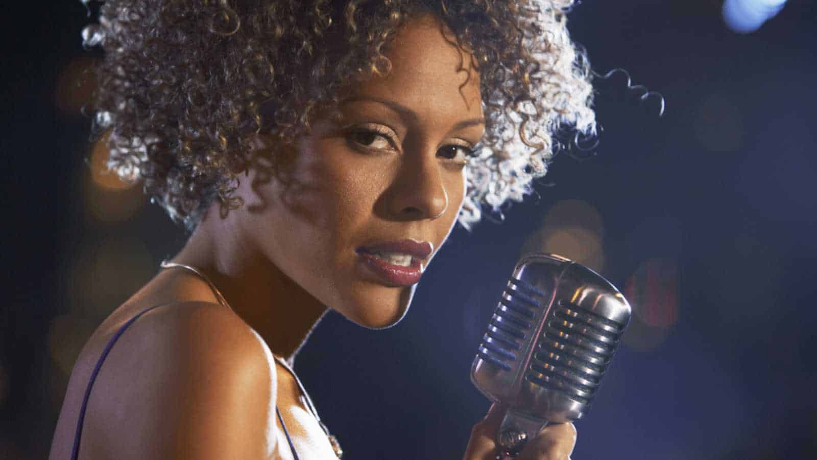 Closeup of a female jazz singer on stage