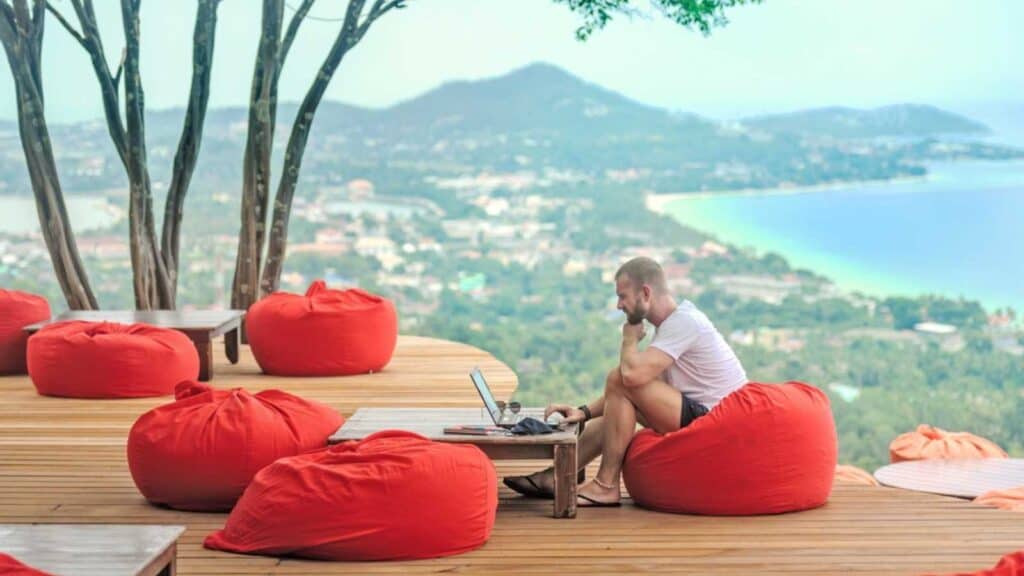 Man working on vacation