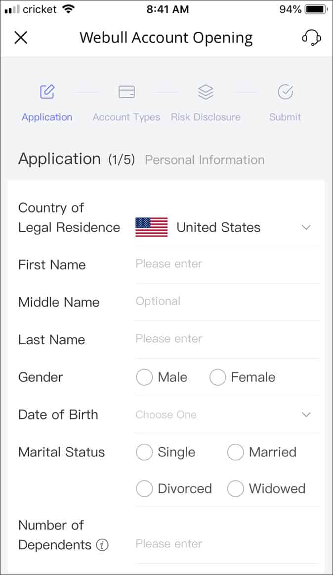 webull account opening screen